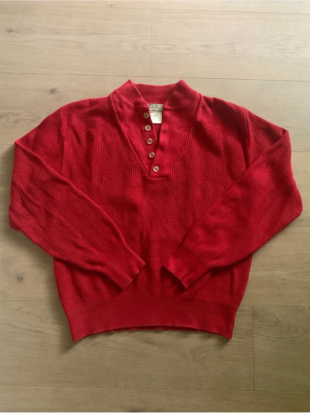 Vintage 90s L.L.Bean Fisherman Knit 100 % Cotton Henley Sweater Heritage Red